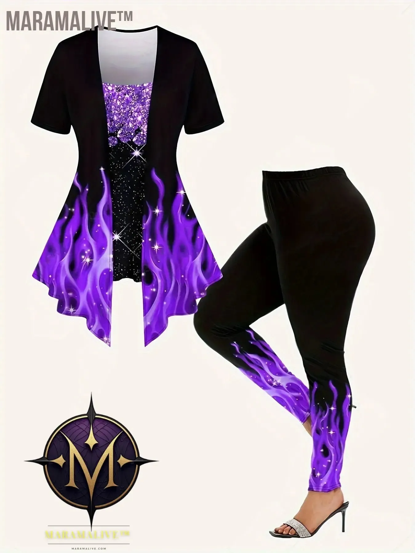 Casual Flame Print Two-piece Set, Short Sleeve Splicing Top & Stretchy Skinny Leggings Outfits, Women's Clothing