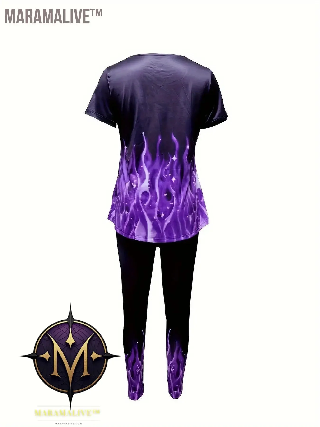 Casual Flame Print Two-piece Set, Short Sleeve Splicing Top & Stretchy Skinny Leggings Outfits, Women's Clothing