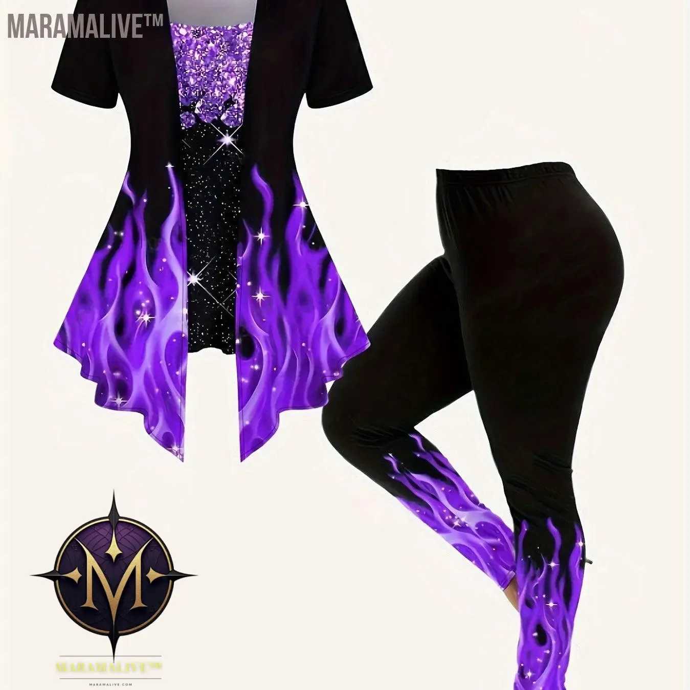 Casual Flame Print Two-piece Set, Short Sleeve Splicing Top & Stretchy Skinny Leggings Outfits, Women's Clothing