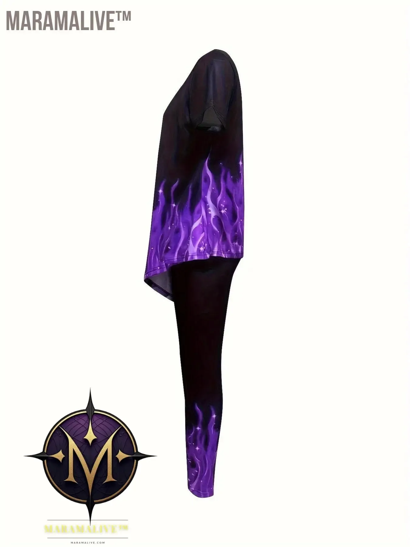 Casual Flame Print Two-piece Set, Short Sleeve Splicing Top & Stretchy Skinny Leggings Outfits, Women's Clothing