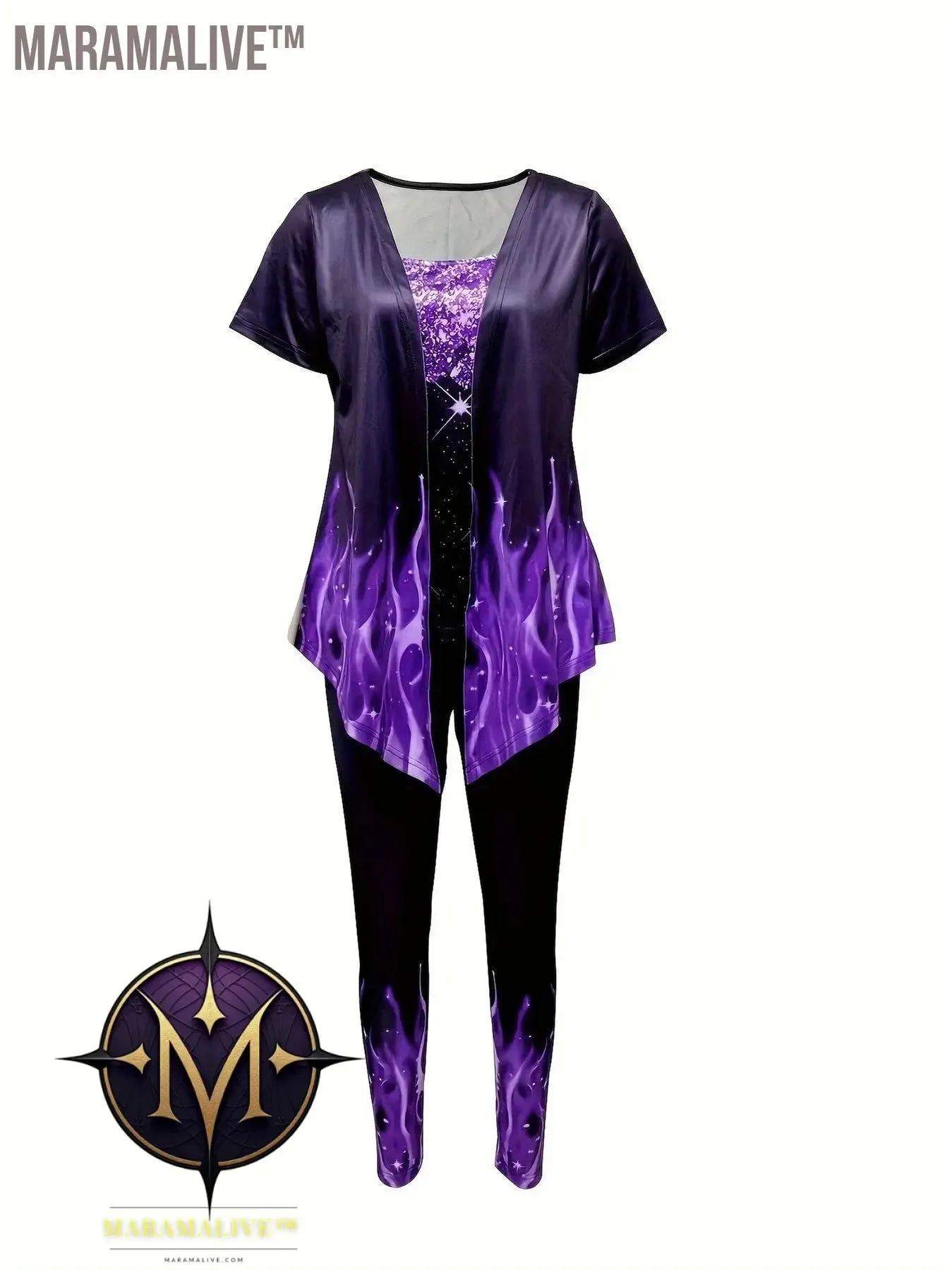 Casual Flame Print Two-piece Set, Short Sleeve Splicing Top & Stretchy Skinny Leggings Outfits, Women's Clothing