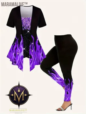 Casual Flame Print Two-piece Set, Short Sleeve Splicing Top & Stretchy Skinny Leggings Outfits, Women's Clothing