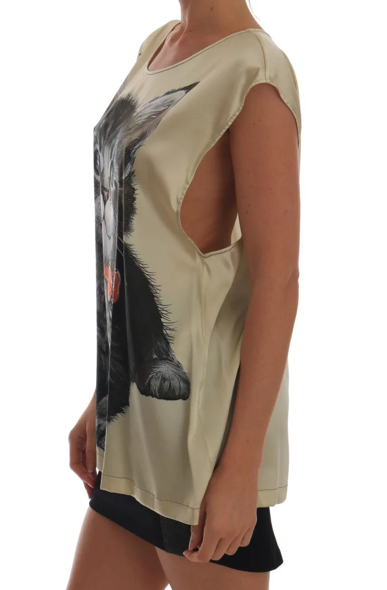 Cat Print Silk Stretch T-shirt