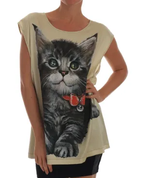 Cat Print Silk Stretch T-shirt