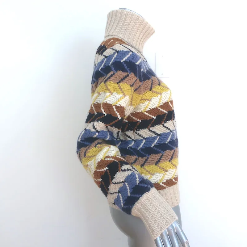 Chloe Herringbone Knit Turtleneck Sweater Cream/Multi Wool-Cashmere Size Medium
