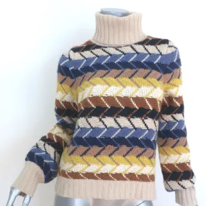 Chloe Herringbone Knit Turtleneck Sweater Cream/Multi Wool-Cashmere Size Medium