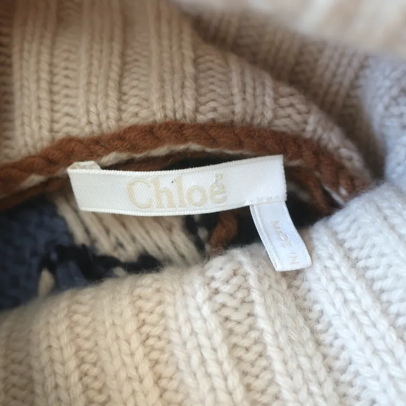 Chloe Herringbone Knit Turtleneck Sweater Cream/Multi Wool-Cashmere Size Medium