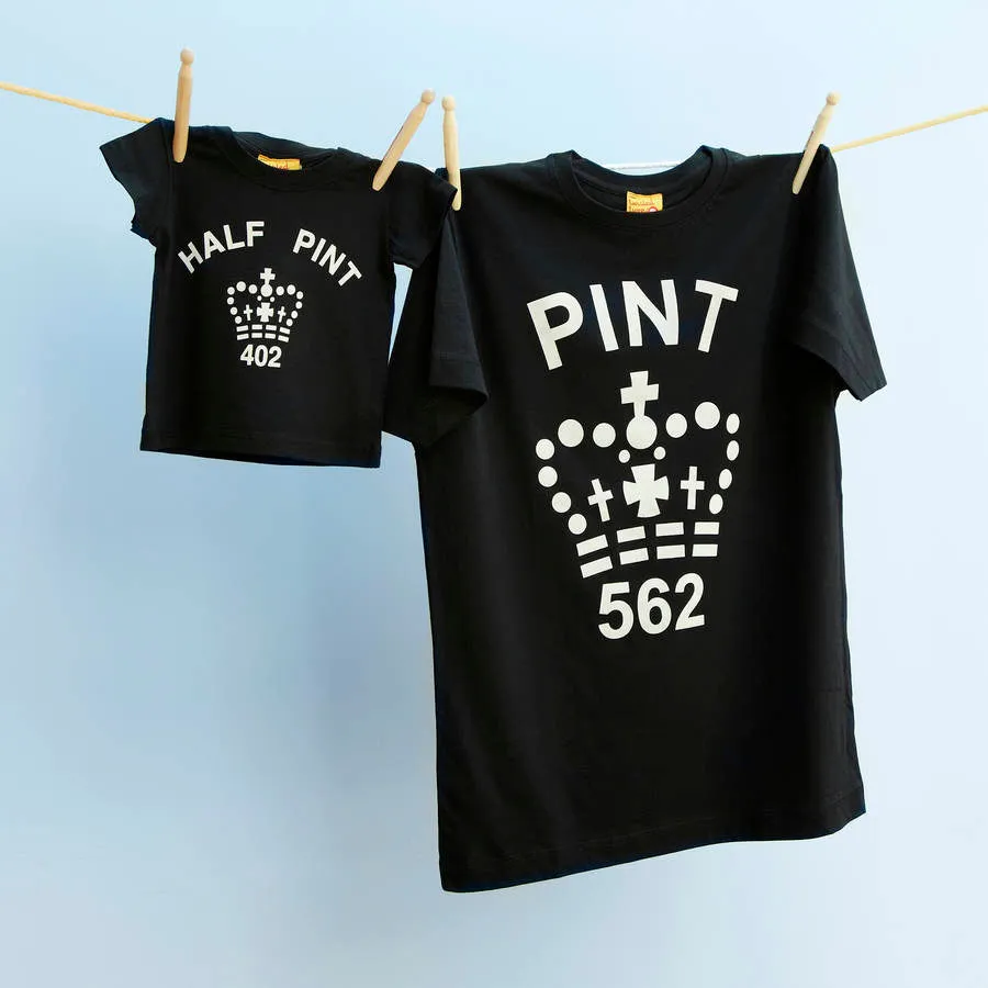 Classic Pint and Half Pint tops for parents & infants in black and white