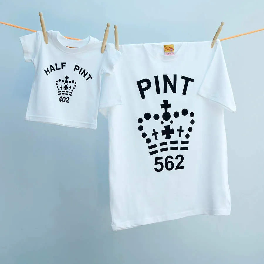Classic Pint and Half Pint tops for parents & infants in black and white