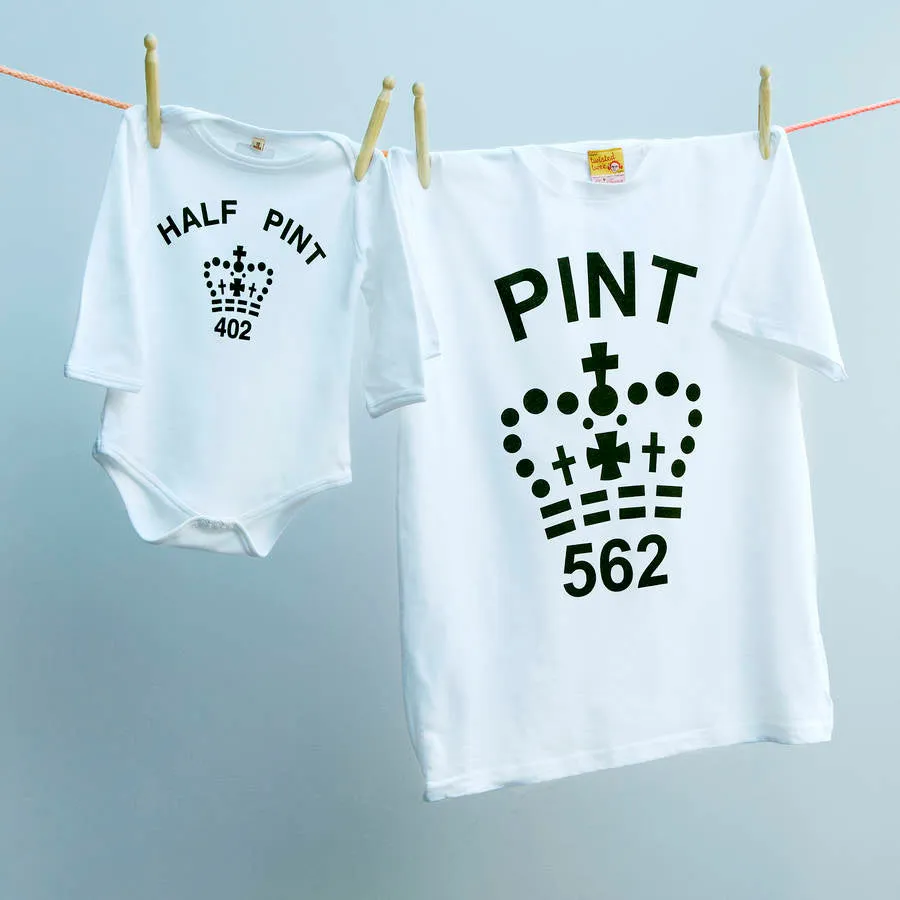 Classic Pint and Half Pint tops for parents & infants in black and white