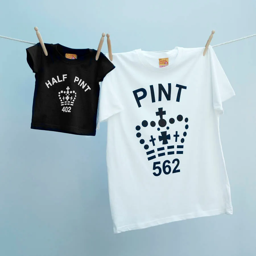 Classic Pint and Half Pint tops for parents & infants in black and white
