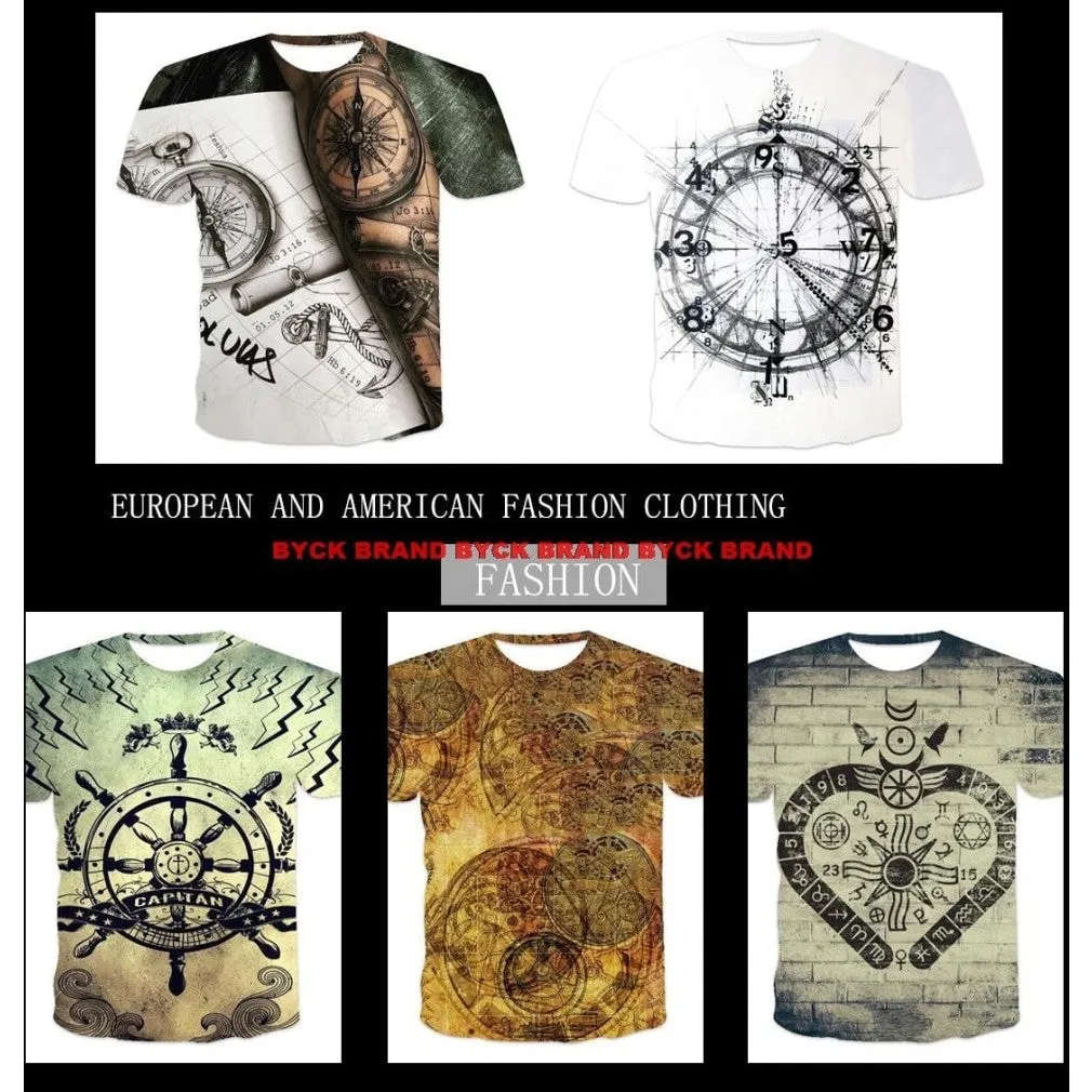 ContiNent 33 Men's Summer 3D Printed Compass T-Shirt Hip-Hop Style Large Size T-Shirt Cross Style Short Sleeve Clothing XXS-6XL