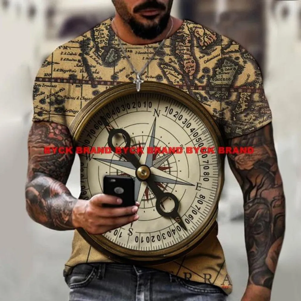 ContiNent 33 Men's Summer 3D Printed Compass T-Shirt Hip-Hop Style Large Size T-Shirt Cross Style Short Sleeve Clothing XXS-6XL