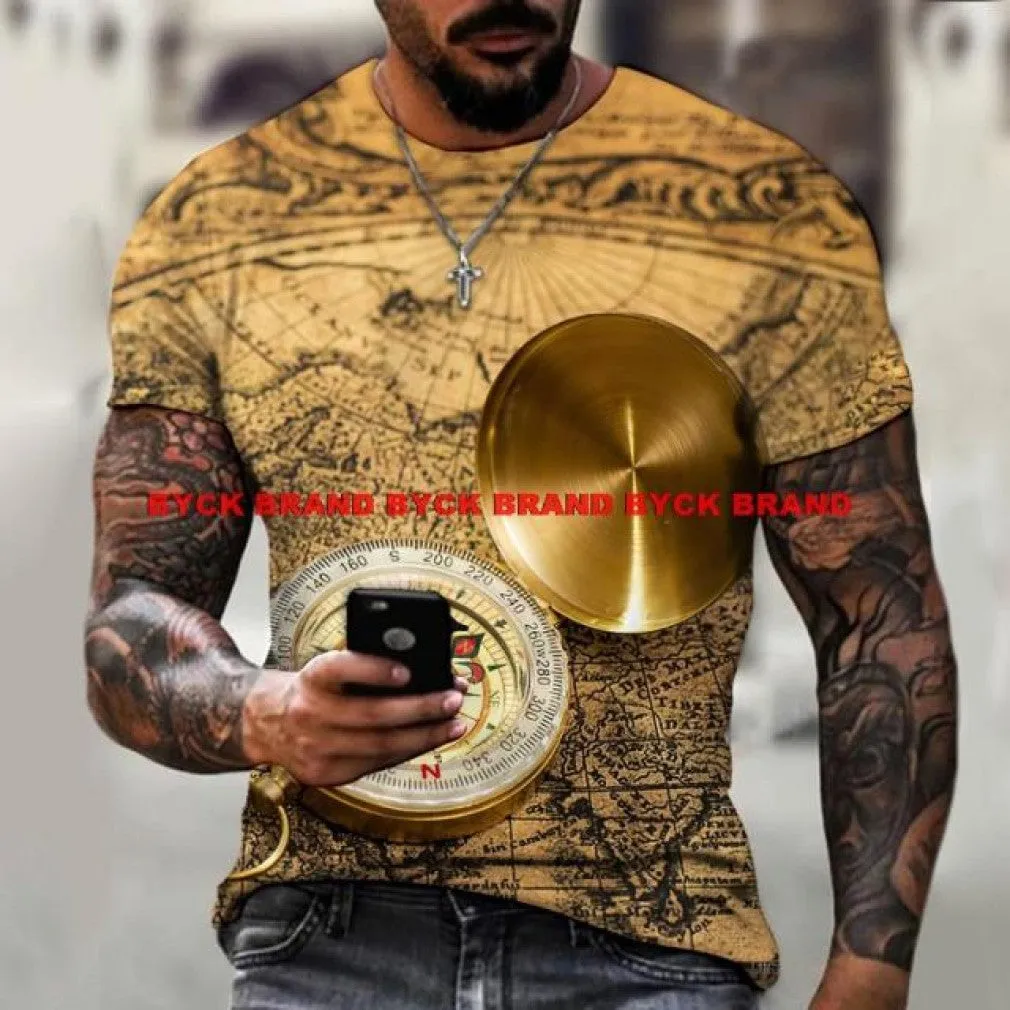 ContiNent 33 Men's Summer 3D Printed Compass T-Shirt Hip-Hop Style Large Size T-Shirt Cross Style Short Sleeve Clothing XXS-6XL
