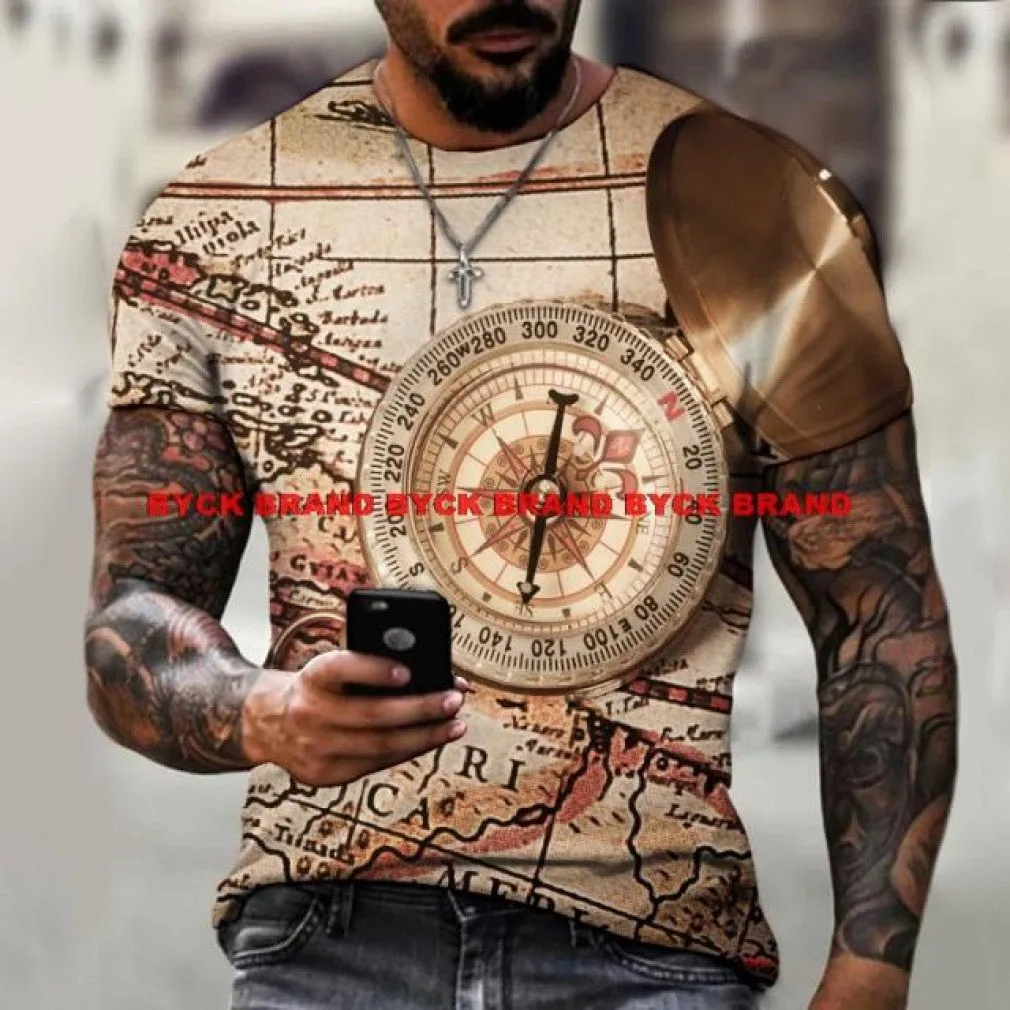 ContiNent 33 Men's Summer 3D Printed Compass T-Shirt Hip-Hop Style Large Size T-Shirt Cross Style Short Sleeve Clothing XXS-6XL