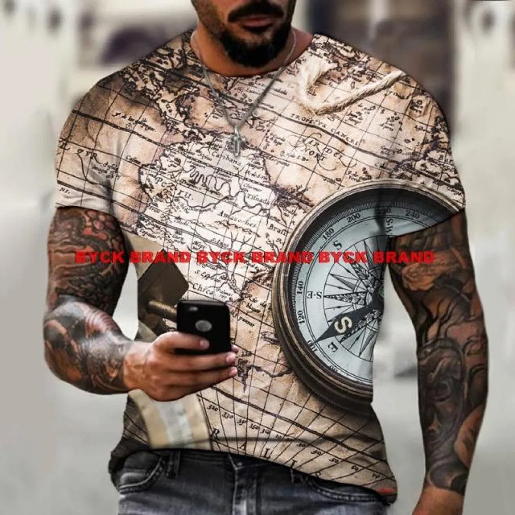 ContiNent 33 Men's Summer 3D Printed Compass T-Shirt Hip-Hop Style Large Size T-Shirt Cross Style Short Sleeve Clothing XXS-6XL