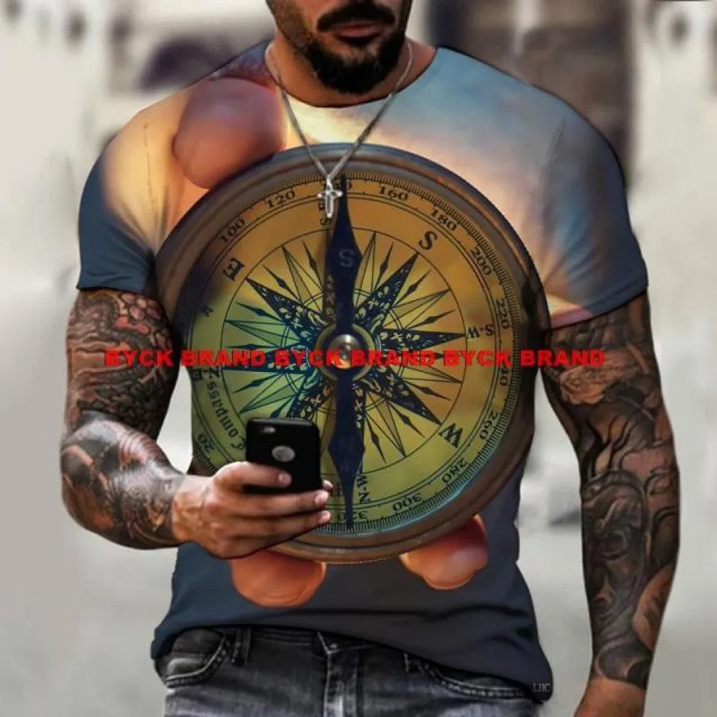 ContiNent 33 Men's Summer 3D Printed Compass T-Shirt Hip-Hop Style Large Size T-Shirt Cross Style Short Sleeve Clothing XXS-6XL