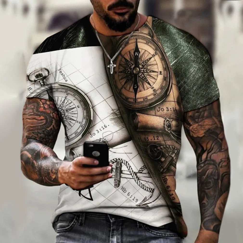ContiNent 33 Men's Summer 3D Printed Compass T-Shirt Hip-Hop Style Large Size T-Shirt Cross Style Short Sleeve Clothing XXS-6XL