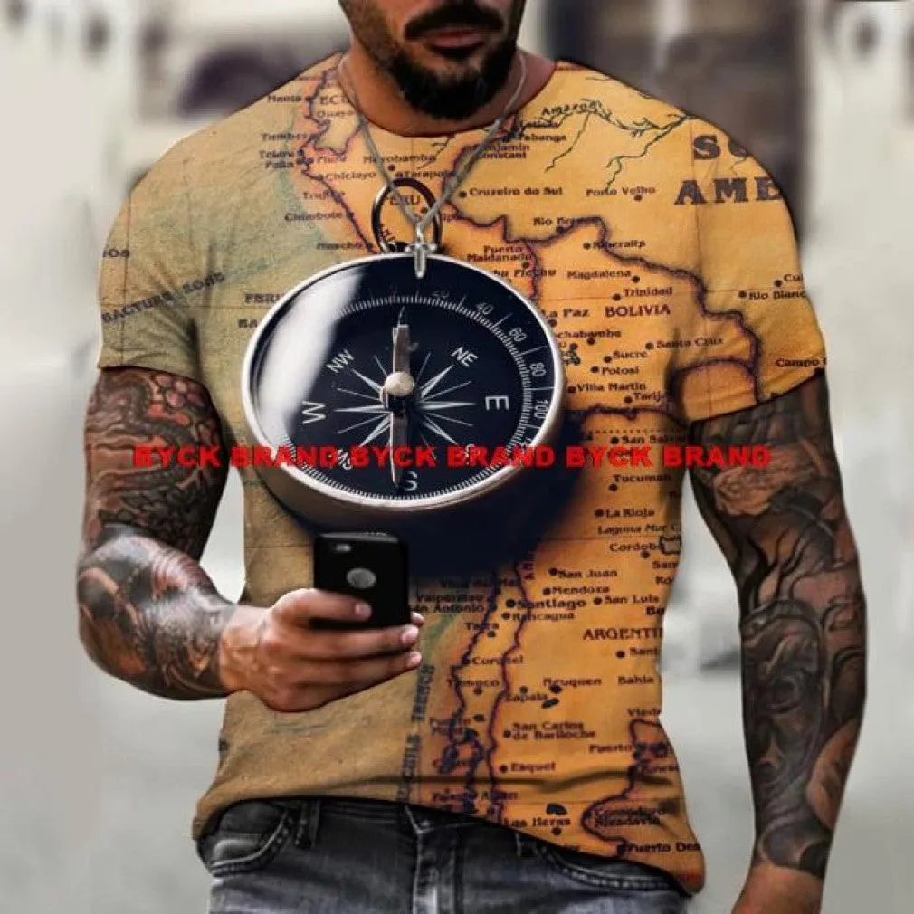 ContiNent 33 Men's Summer 3D Printed Compass T-Shirt Hip-Hop Style Large Size T-Shirt Cross Style Short Sleeve Clothing XXS-6XL