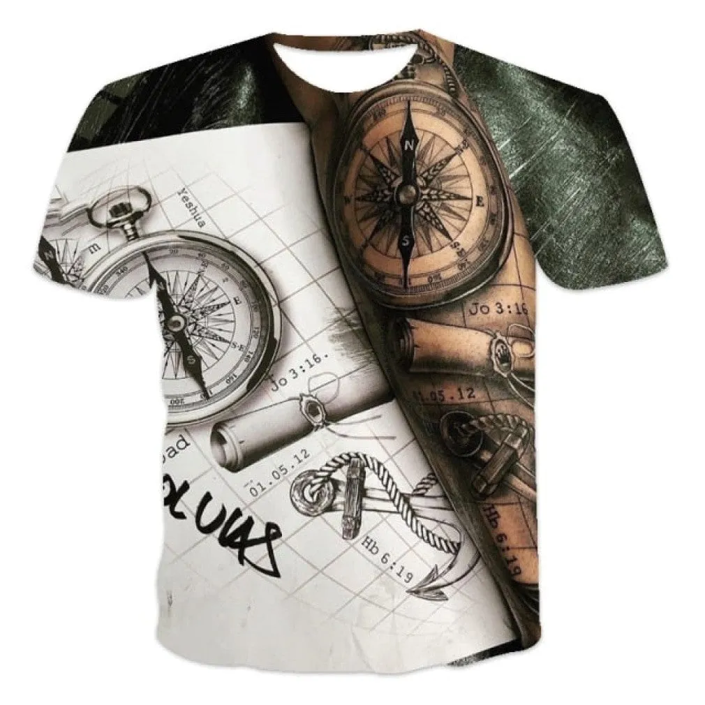 ContiNent 33 Men's Summer 3D Printed Compass T-Shirt Hip-Hop Style Large Size T-Shirt Cross Style Short Sleeve Clothing XXS-6XL