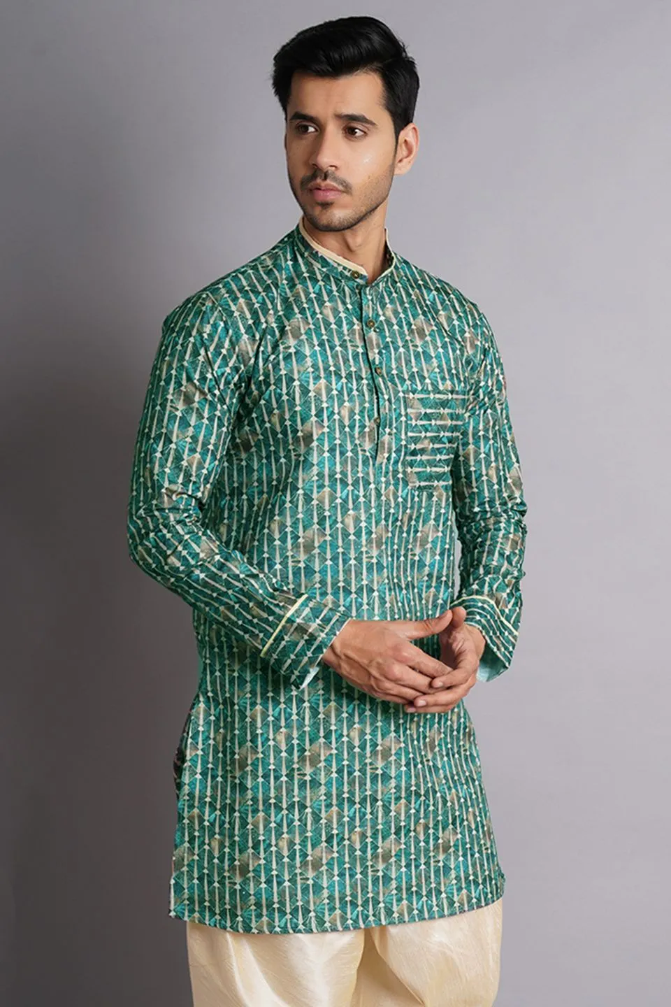 Cotton Silk Multicolored Printed Kurta Dhoti