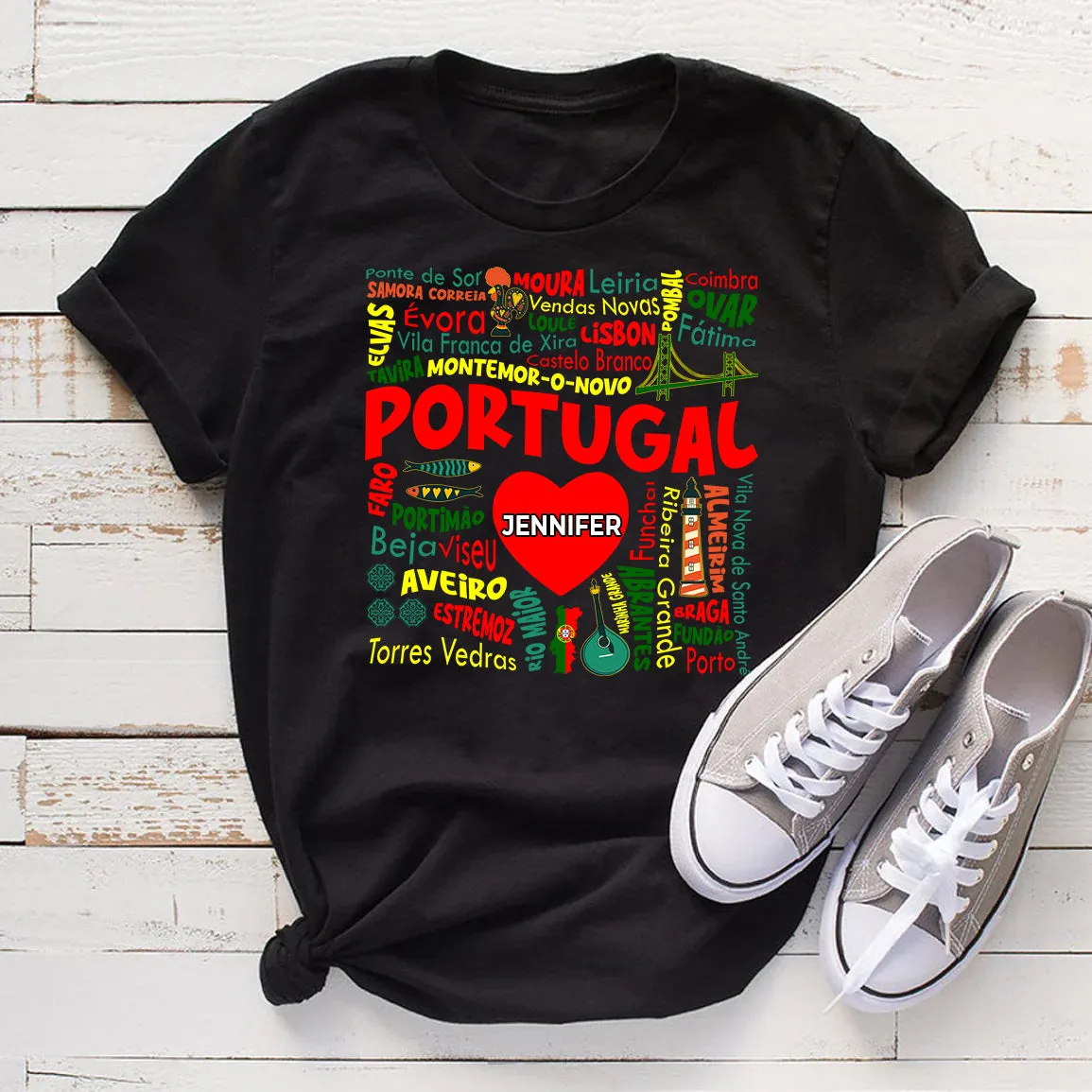 Custom Portugal T-shirt With Cities, Map, Heart And Your Name