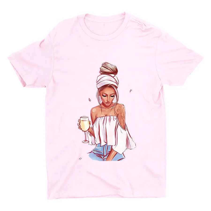 Cute Girl With Wine Cotton Tee