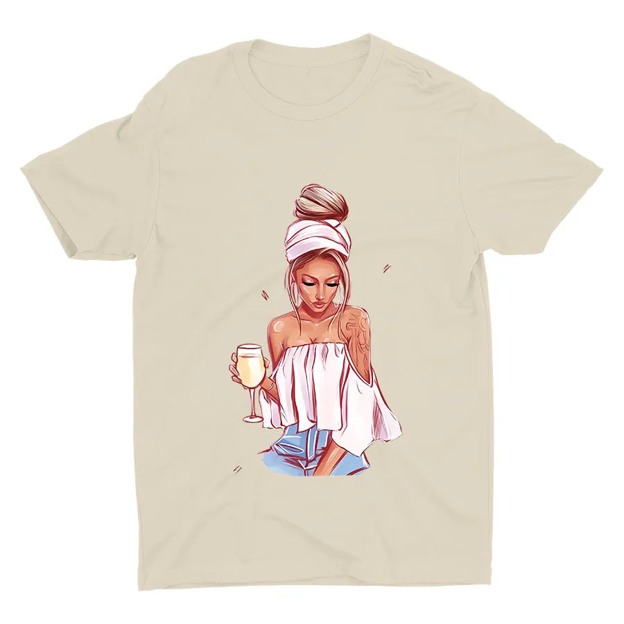 Cute Girl With Wine Cotton Tee