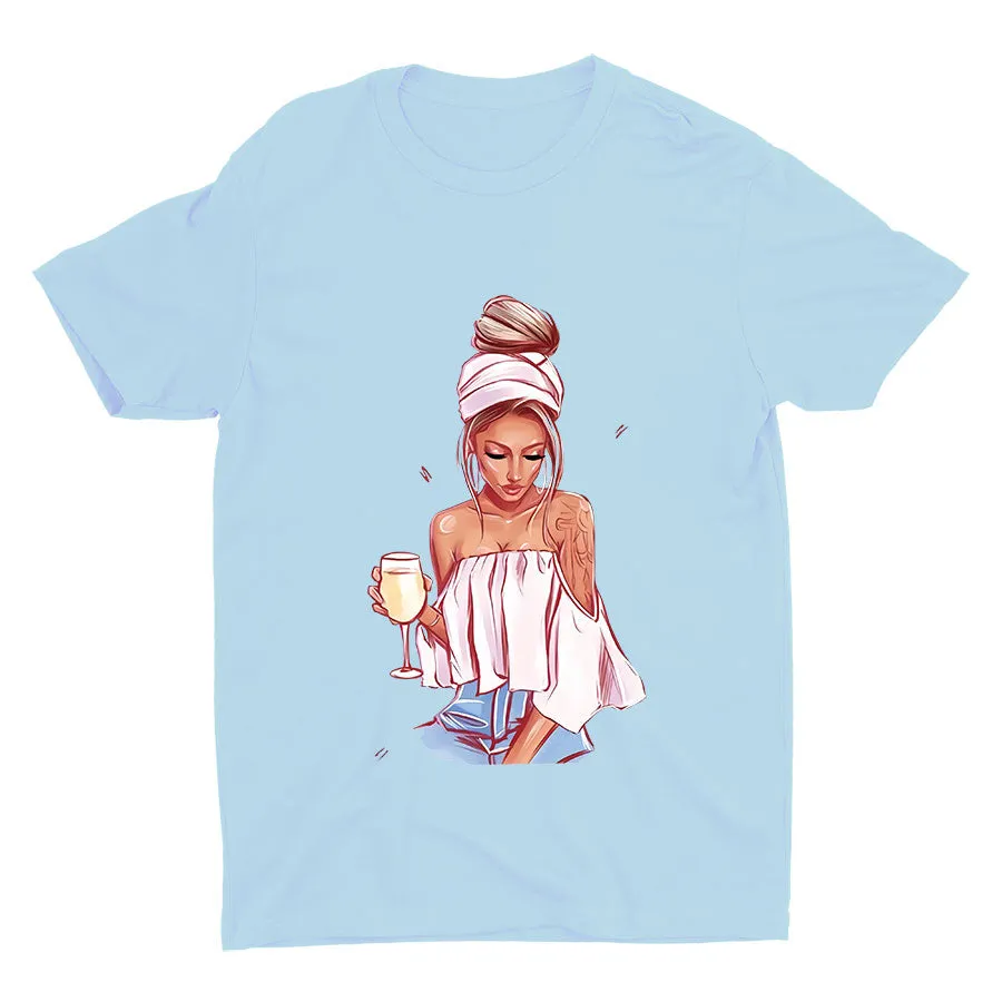 Cute Girl With Wine Cotton Tee