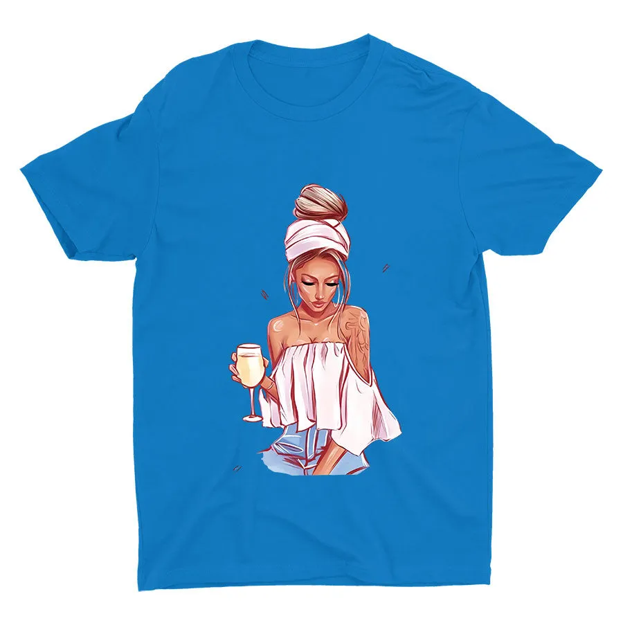 Cute Girl With Wine Cotton Tee
