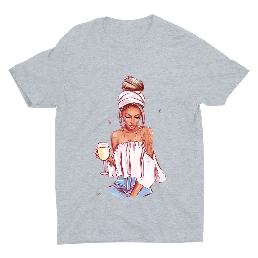 Cute Girl With Wine Cotton Tee