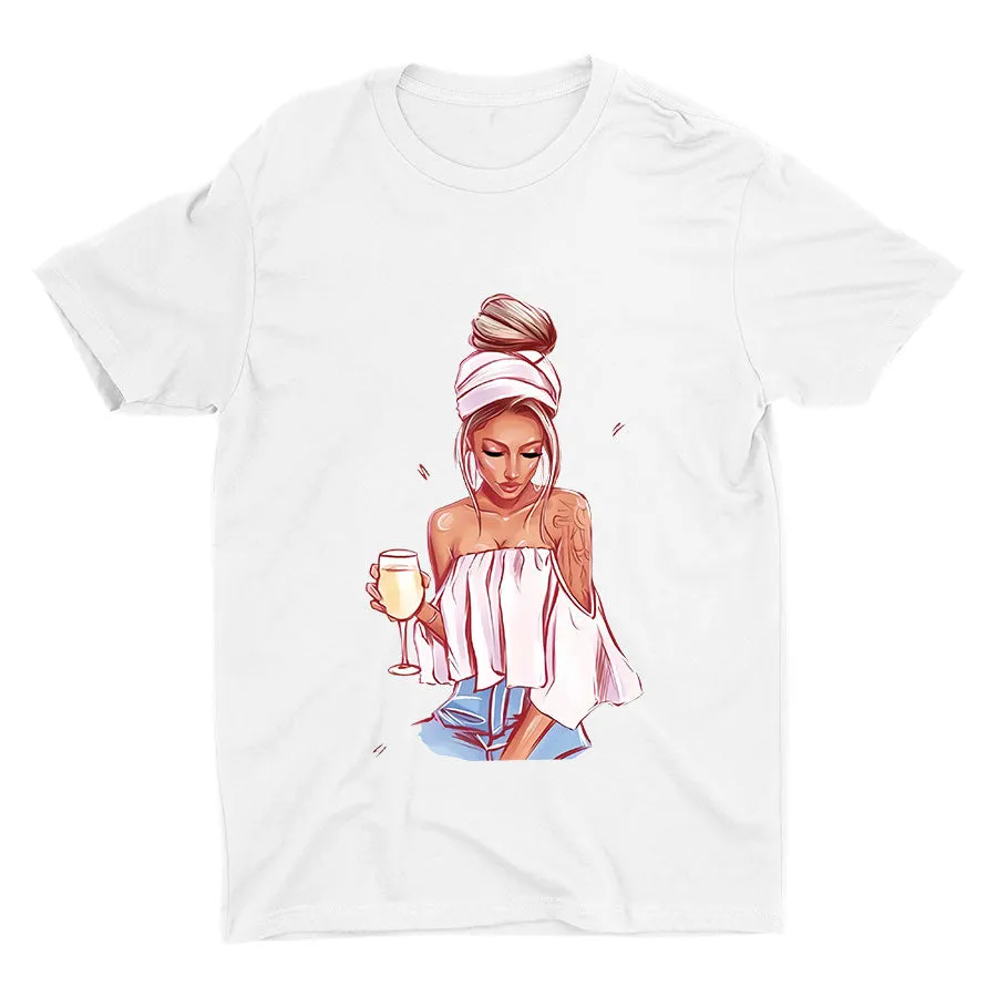 Cute Girl With Wine Cotton Tee