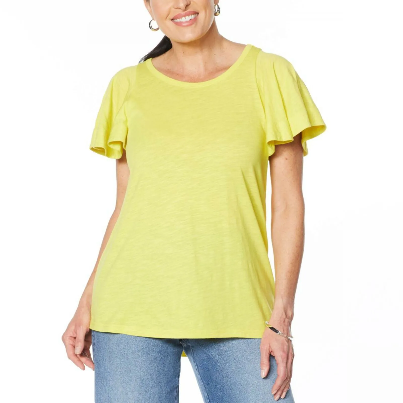 DG2 by Diane Gilman Women's Hi Low Flutter Sleeve T-Shirt Chartreuse XL