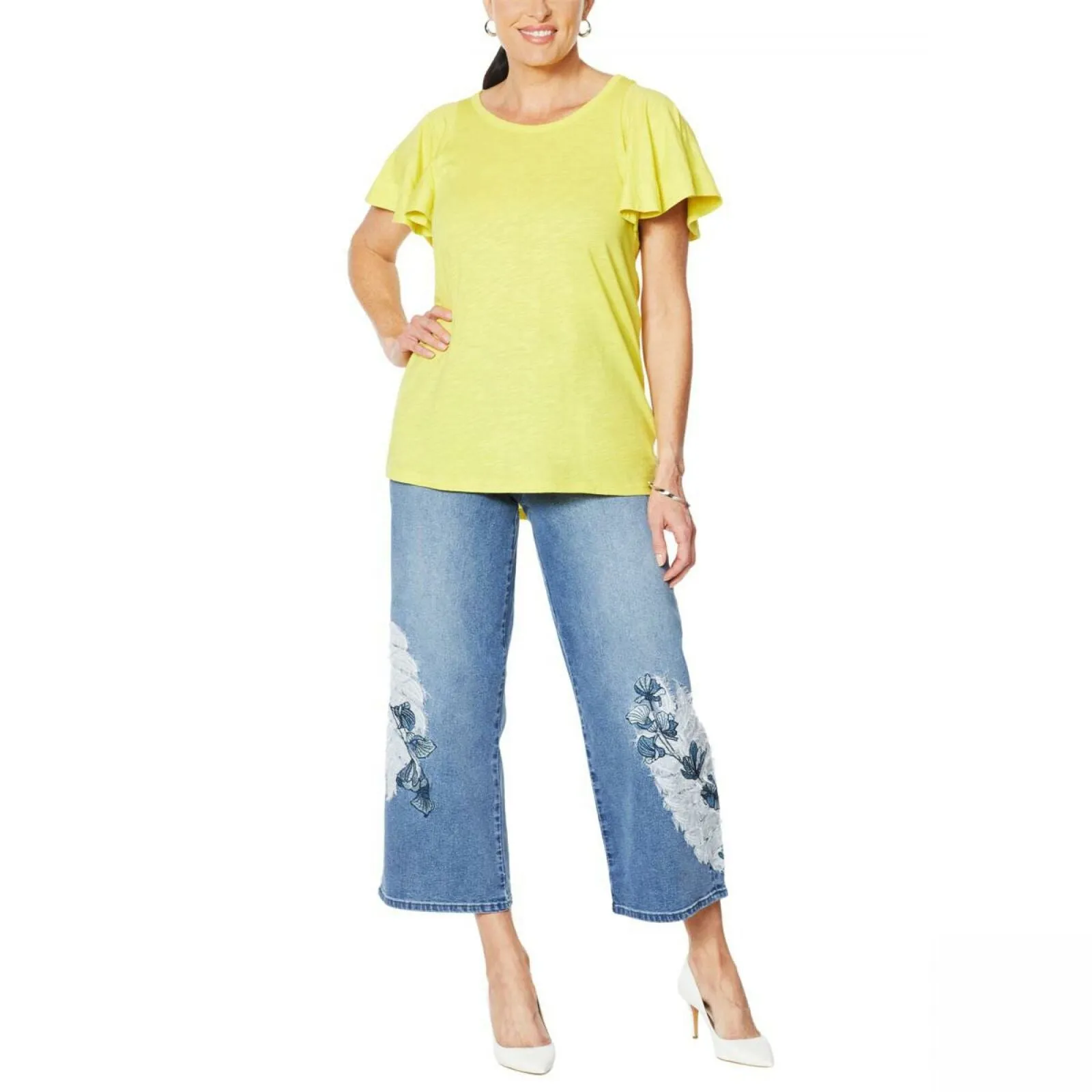 DG2 by Diane Gilman Women's Hi Low Flutter Sleeve T-Shirt Chartreuse XL