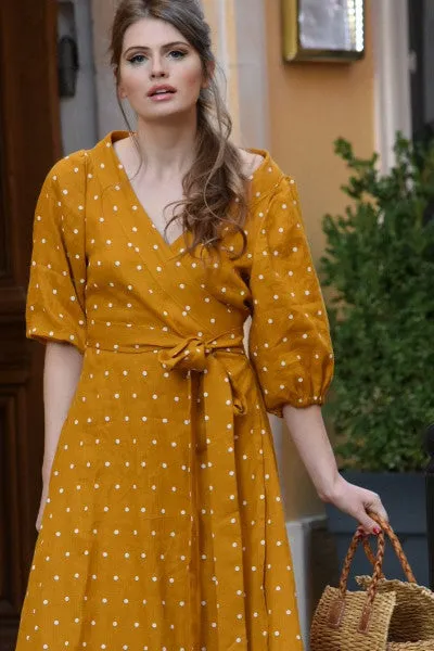 Édith Dot Linen Wrap Dress in Mustard (Pre-Order, Ships April 15)