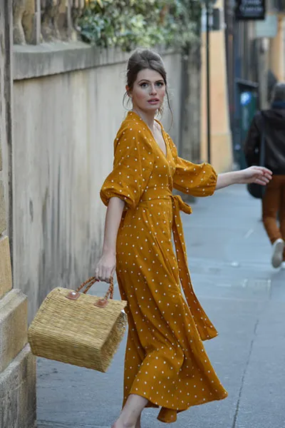 Édith Dot Linen Wrap Dress in Mustard (Pre-Order, Ships April 15)