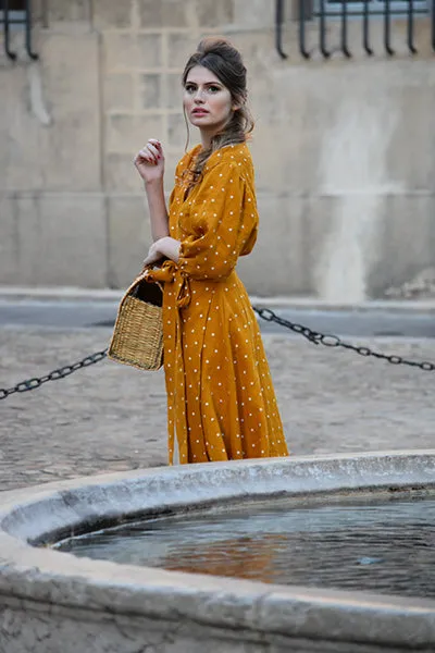 Édith Dot Linen Wrap Dress in Mustard (Pre-Order, Ships April 15)