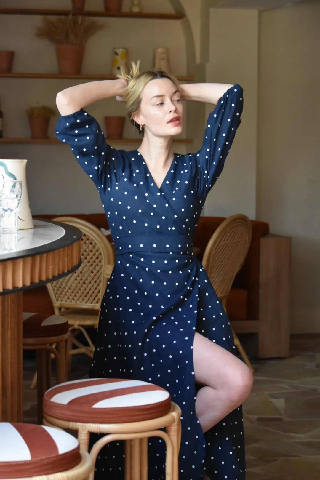 Édith Dot Linen Wrap Dress in Navy