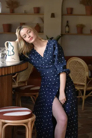 Édith Dot Linen Wrap Dress in Navy