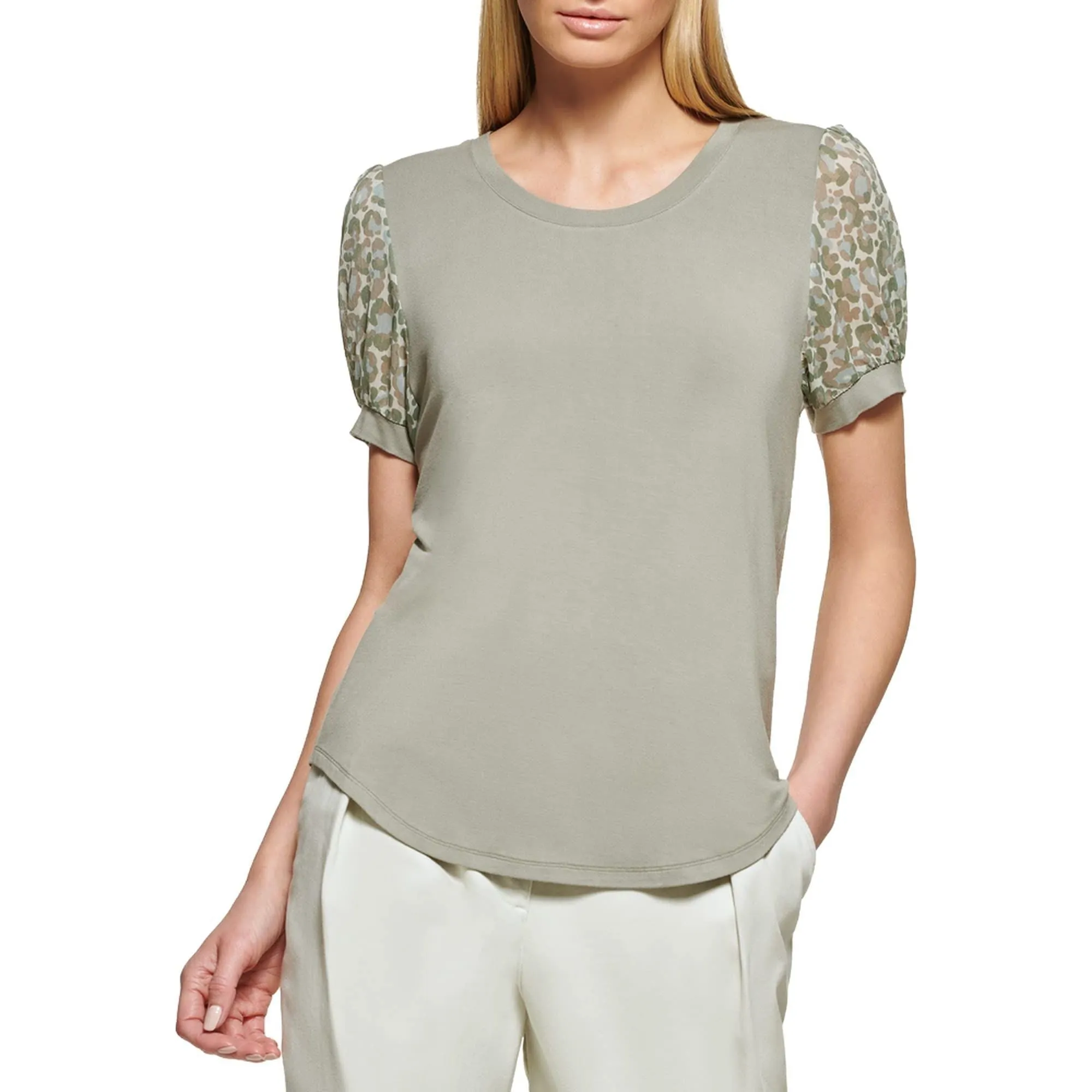 DKNY Women's Printed Puff Sleeve Mult-Media Sportswear Top
