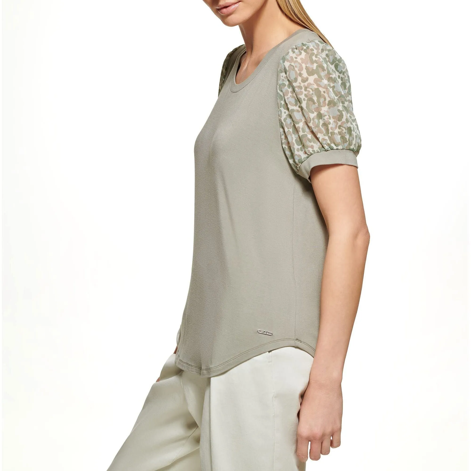 DKNY Women's Printed Puff Sleeve Mult-Media Sportswear Top