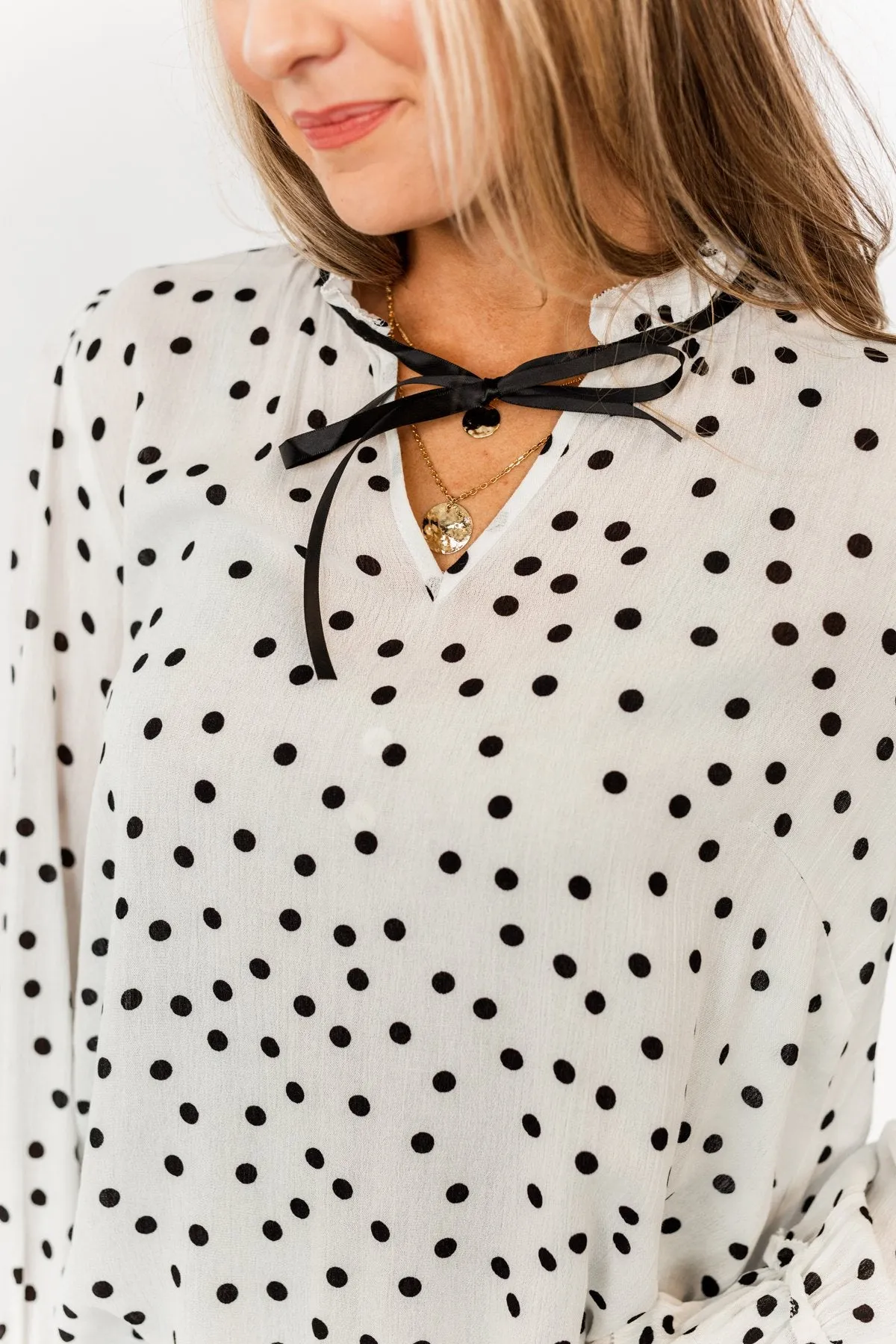 Elegant Evenings Polka Dot Blouse- Off-White & Black