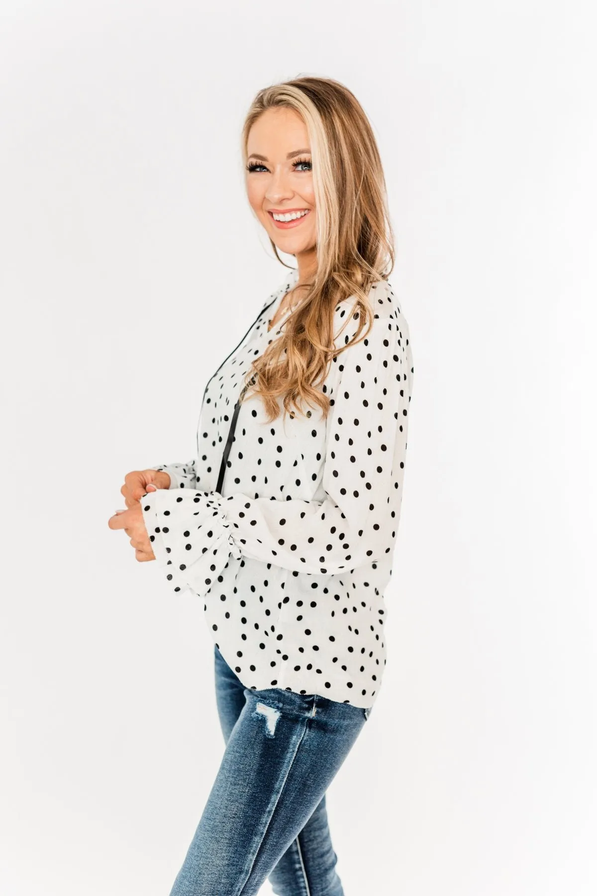 Elegant Evenings Polka Dot Blouse- Off-White & Black