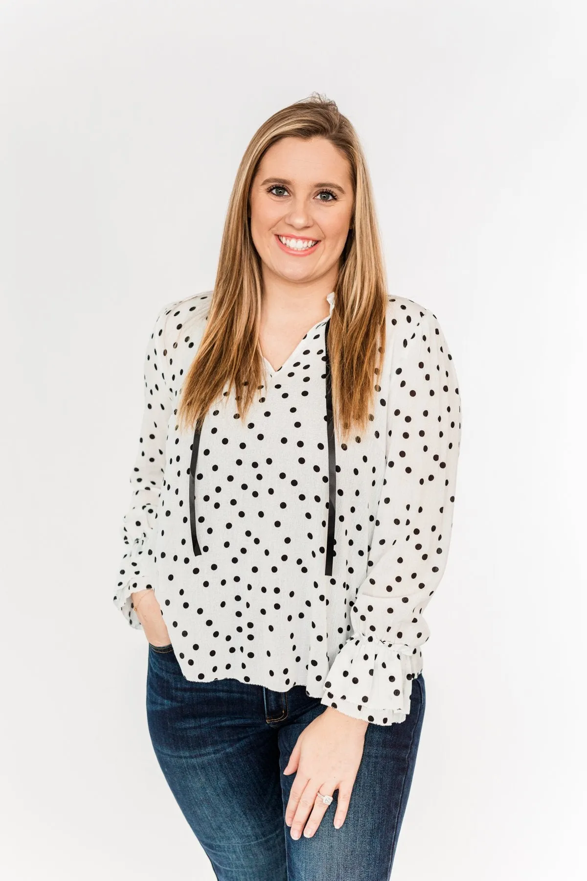 Elegant Evenings Polka Dot Blouse- Off-White & Black