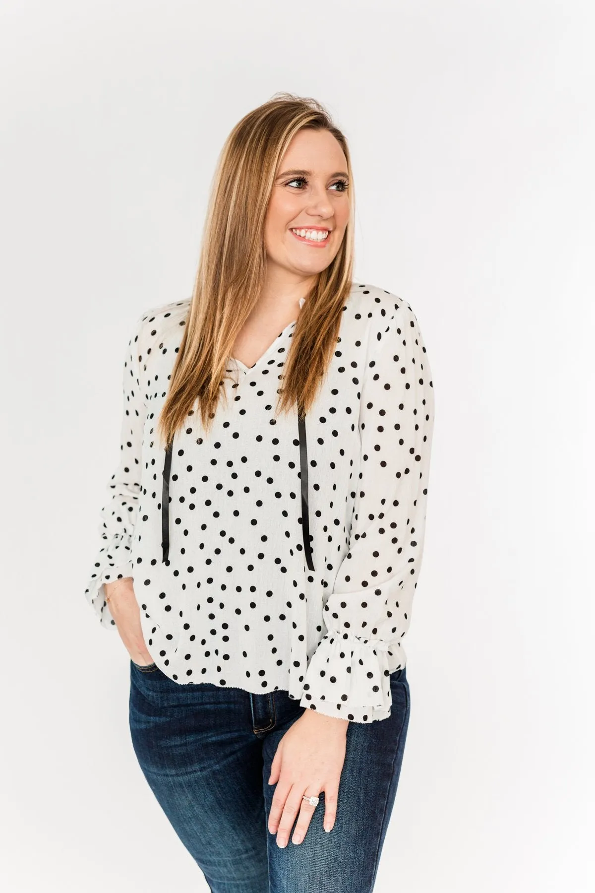 Elegant Evenings Polka Dot Blouse- Off-White & Black