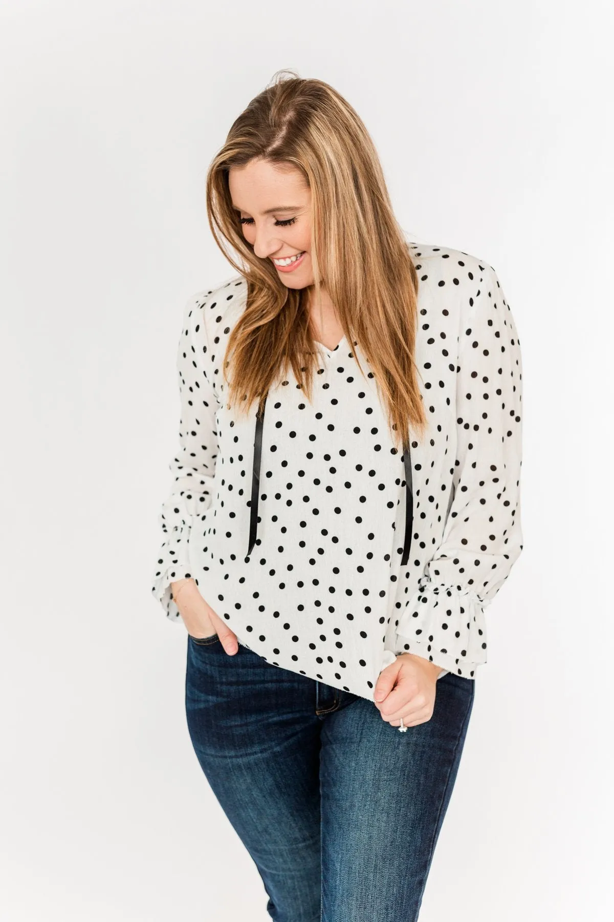 Elegant Evenings Polka Dot Blouse- Off-White & Black