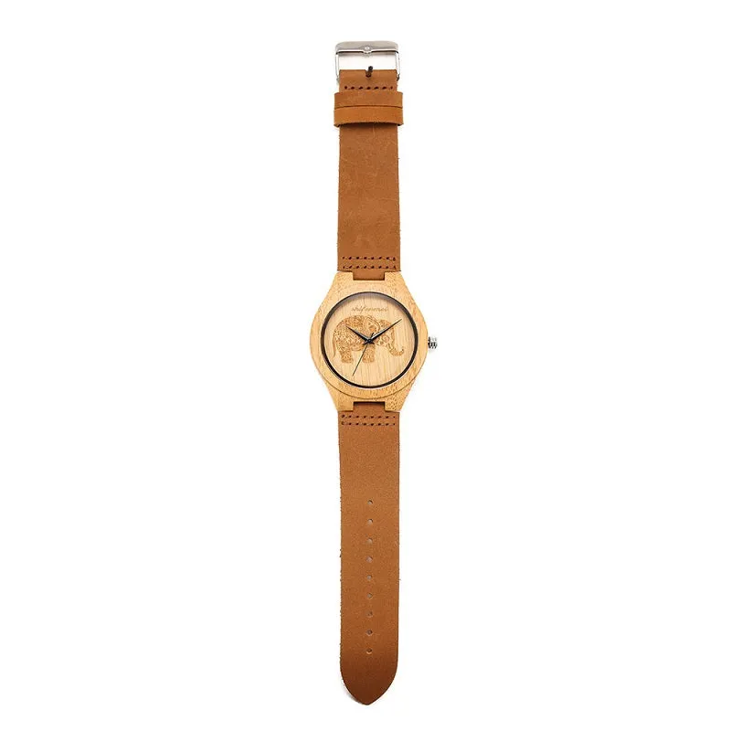 Elephant Pattern Dial Women's Wooden Watch