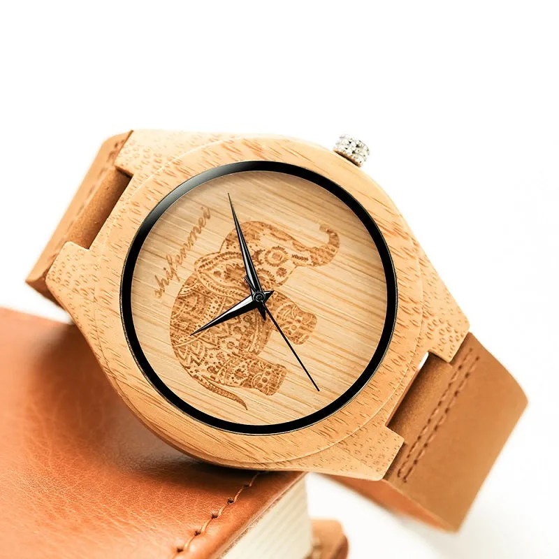 Elephant Pattern Dial Women's Wooden Watch