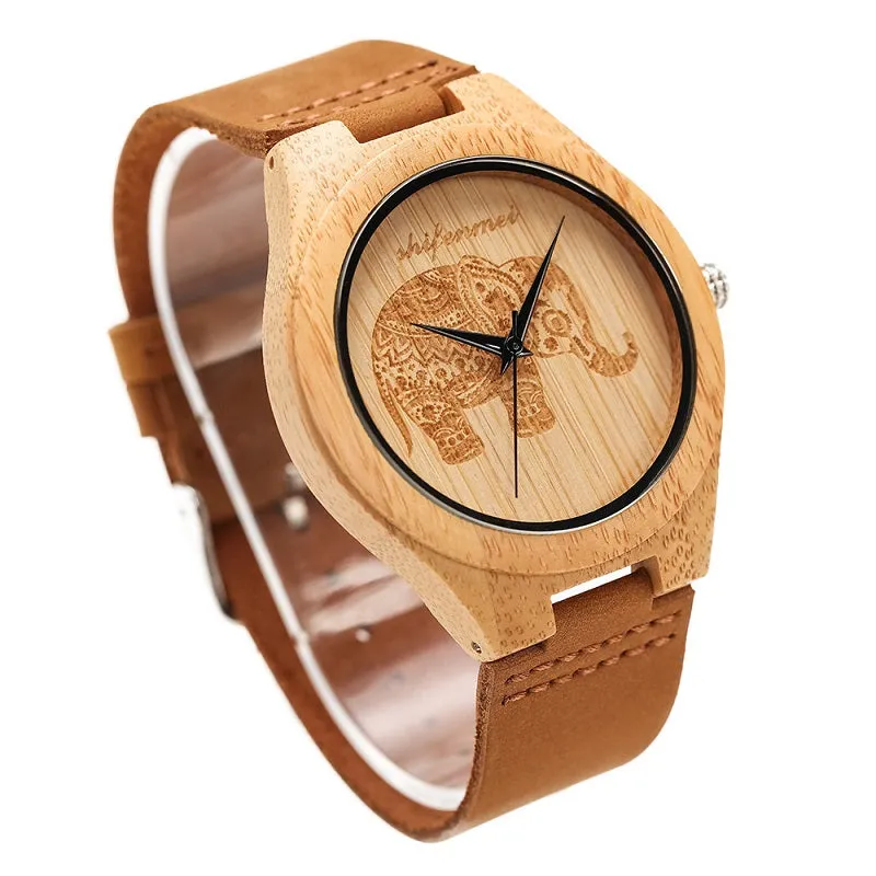 Elephant Pattern Dial Women's Wooden Watch