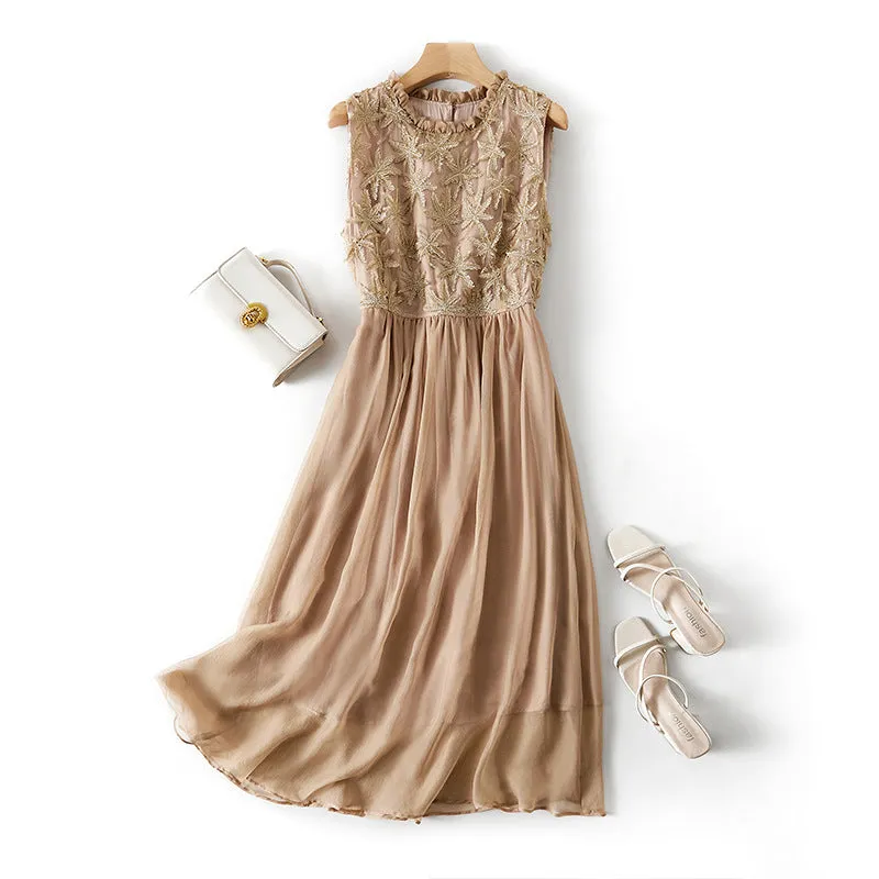 Embroidered Long Silk Dress with Round Neckline